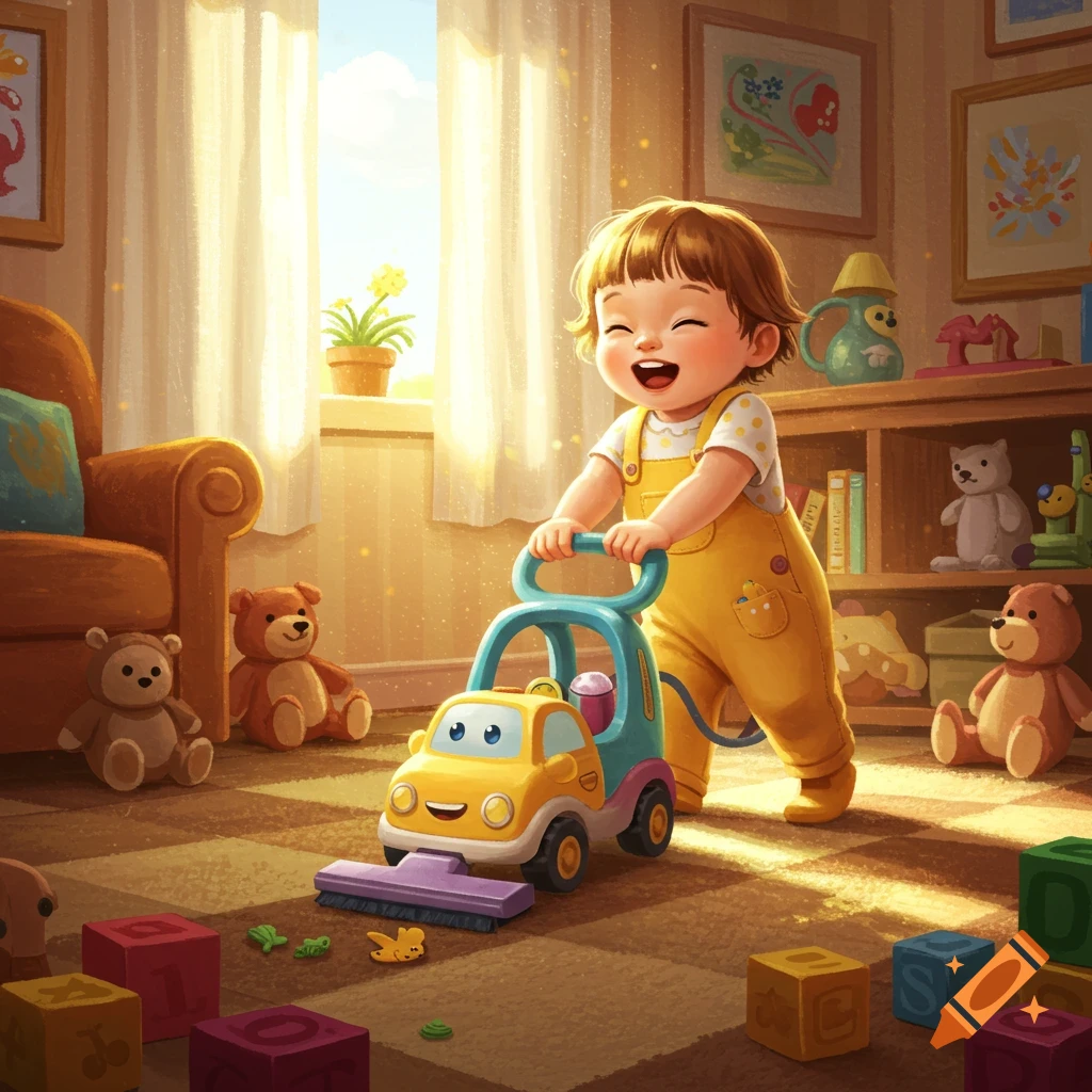 A happy toddler pushes a yellow and blue toy car vacuum cleaner in a sunlit playroom with teddy bears and blocks.