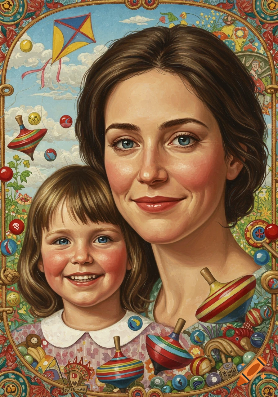 Vibrant illustration of a smiling woman with a young girl, surrounded by a whimsical frame of colorful toys, kites, and flowers.