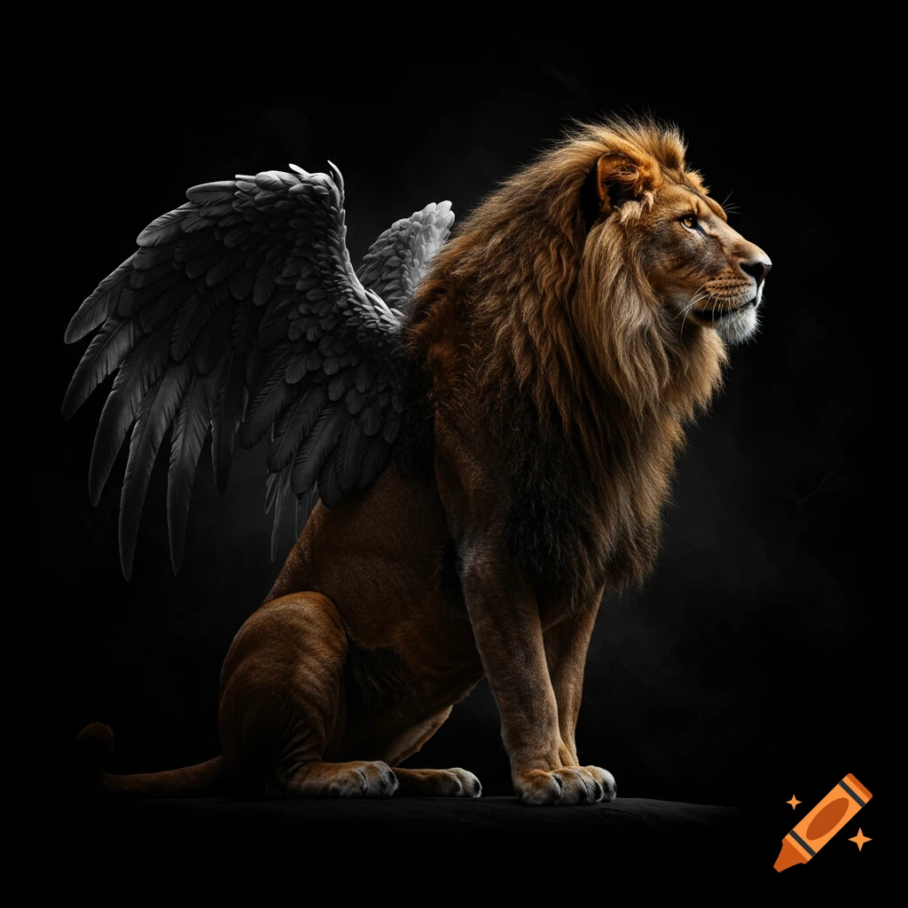 A majestic photorealistic lion with large, dark grey wings sits regally in a black void, looking to the right.