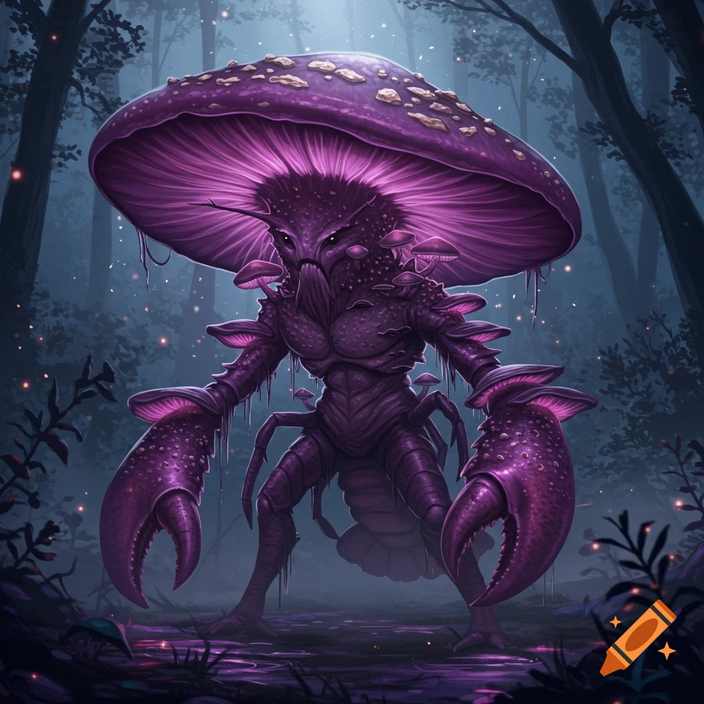 A purple mushroom and lobster-like creature stands in a dark, glowing fantasy forest.