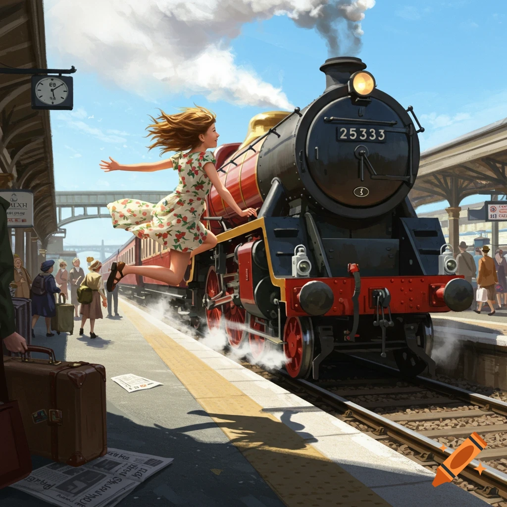 A young girl with flowing hair, wearing a floral dress, hops onto a moving black and red steam train at a bustling station platform in a detailed illustration.