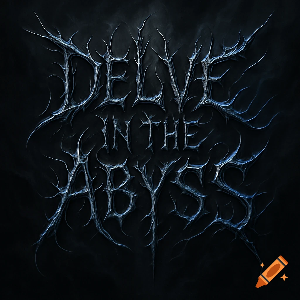 The words 'DELVE IN THE ABYSS' rendered in a thorny, black metal style font on a dark background.