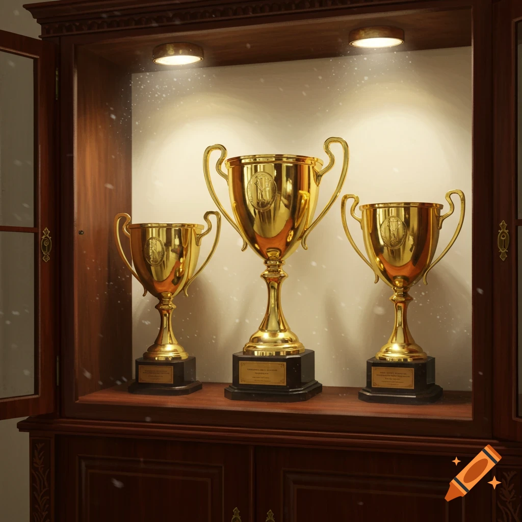 A photorealistic image of three golden trophies displayed inside a wooden cabinet with interior lighting.