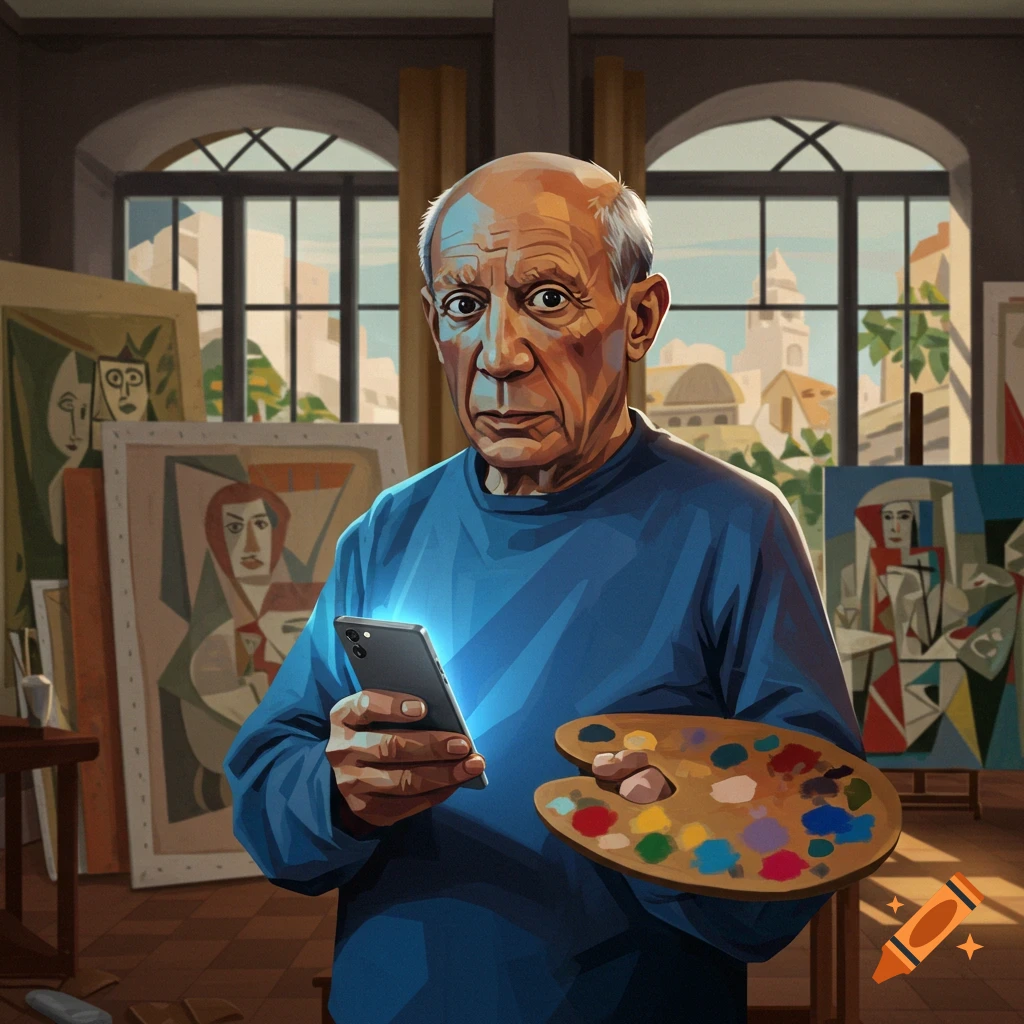 Stylized illustration of Picasso, looking surprised, holding a glowing smartphone and a paint palette in his art studio.
