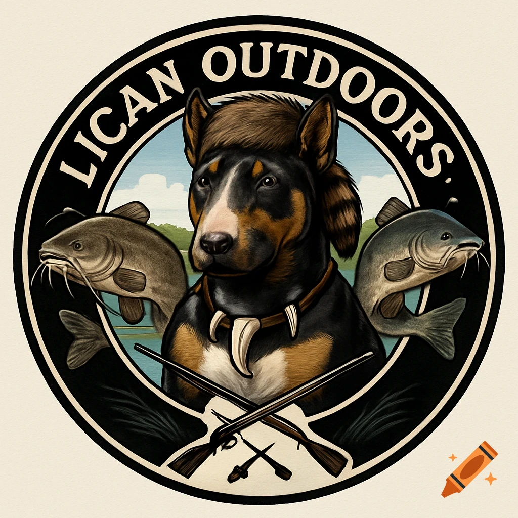 Circular logo featuring a dog with a coonskin cap, two fish, crossed rifle and fishing pole, and 'Lican Outdoors' text.