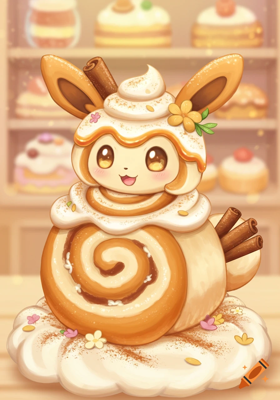 Cute cinnamon roll creature with whipped cream and cinnamon stick ears, in an anime style bakery.
