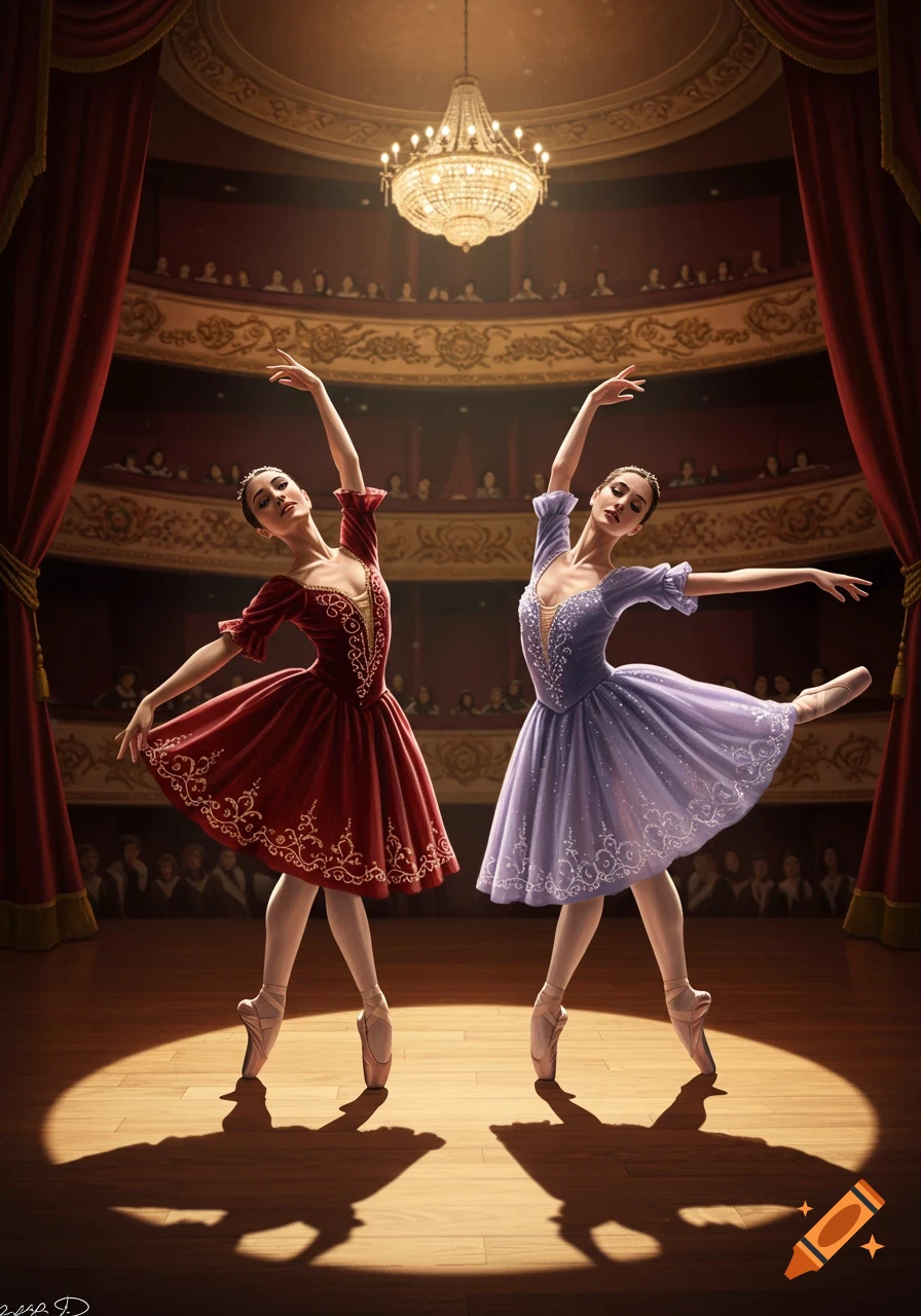 Two ballerinas in red and lavender dresses pose elegantly on a spotlighted wooden stage in an ornate theater.