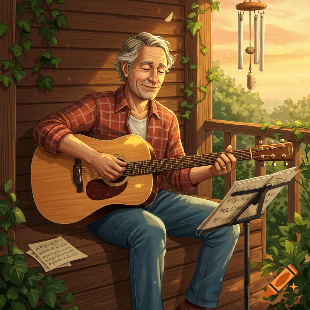 A smiling middle-aged man with gray hair plays an acoustic guitar on a rustic wooden porch at sunset, with sheet music on a stand.