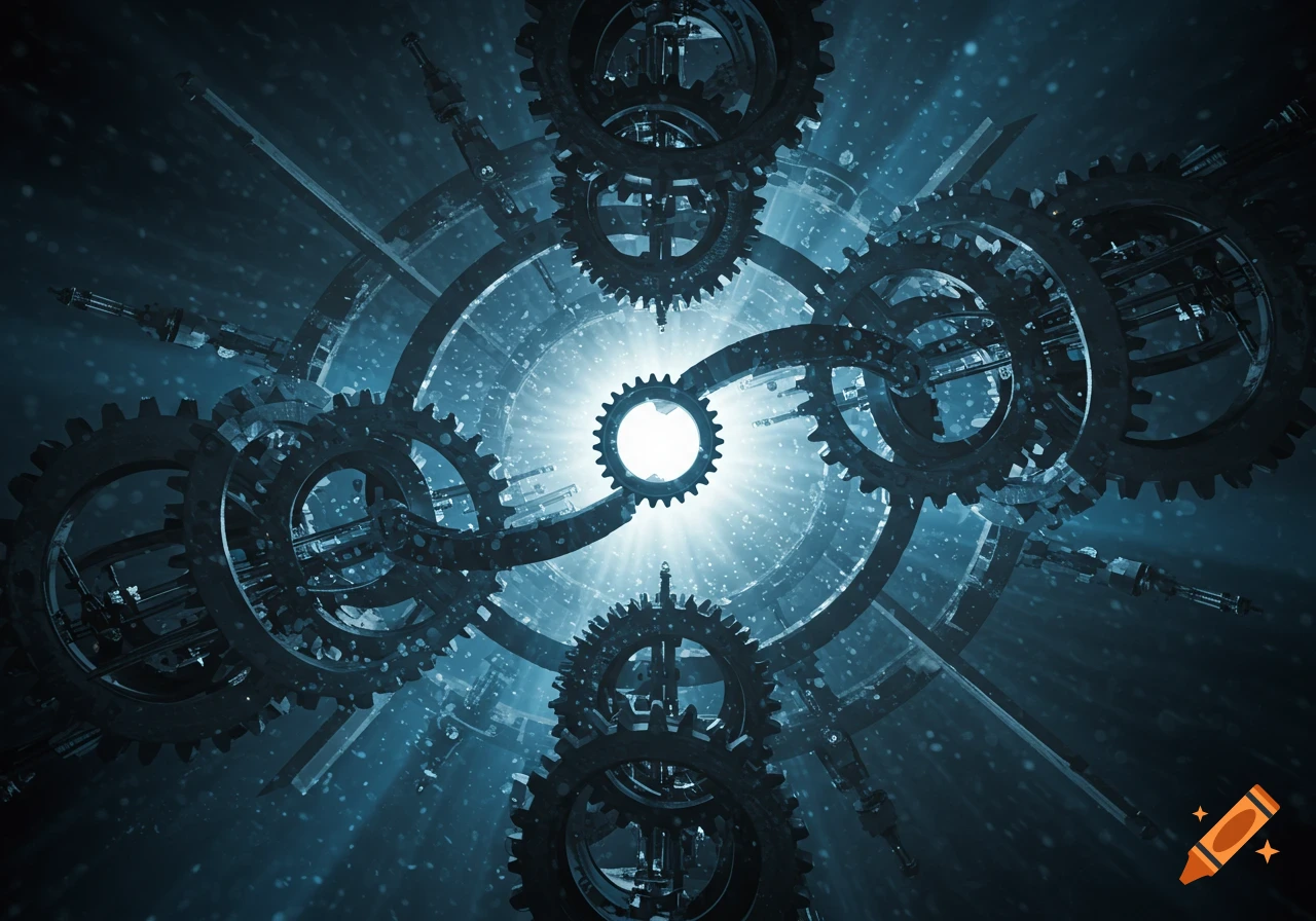 Intricate abstract image of dark gears and mechanical components surrounding a bright central light, emitting rays.