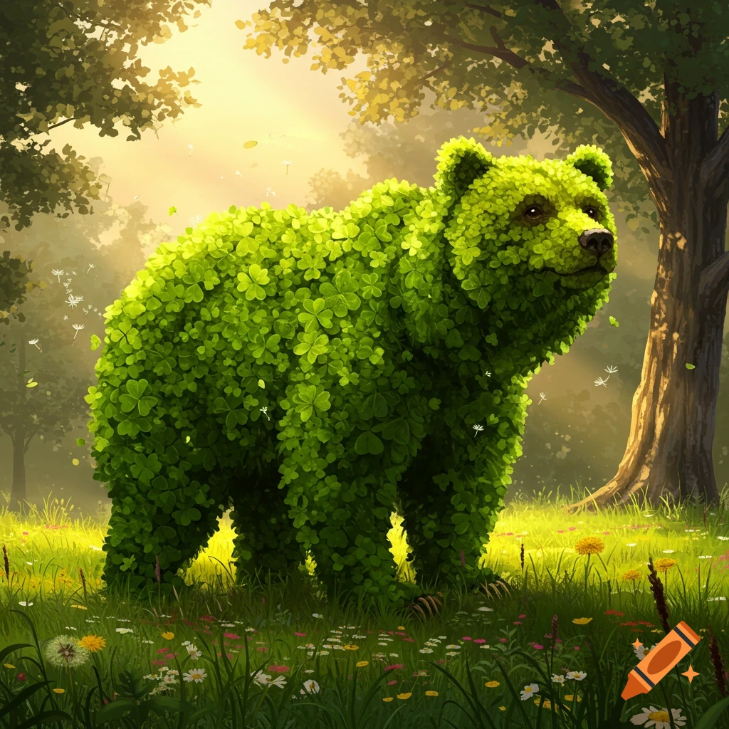 A whimsical illustration of a bear made of green clover standing in a sunlit forest clearing with wildflowers.