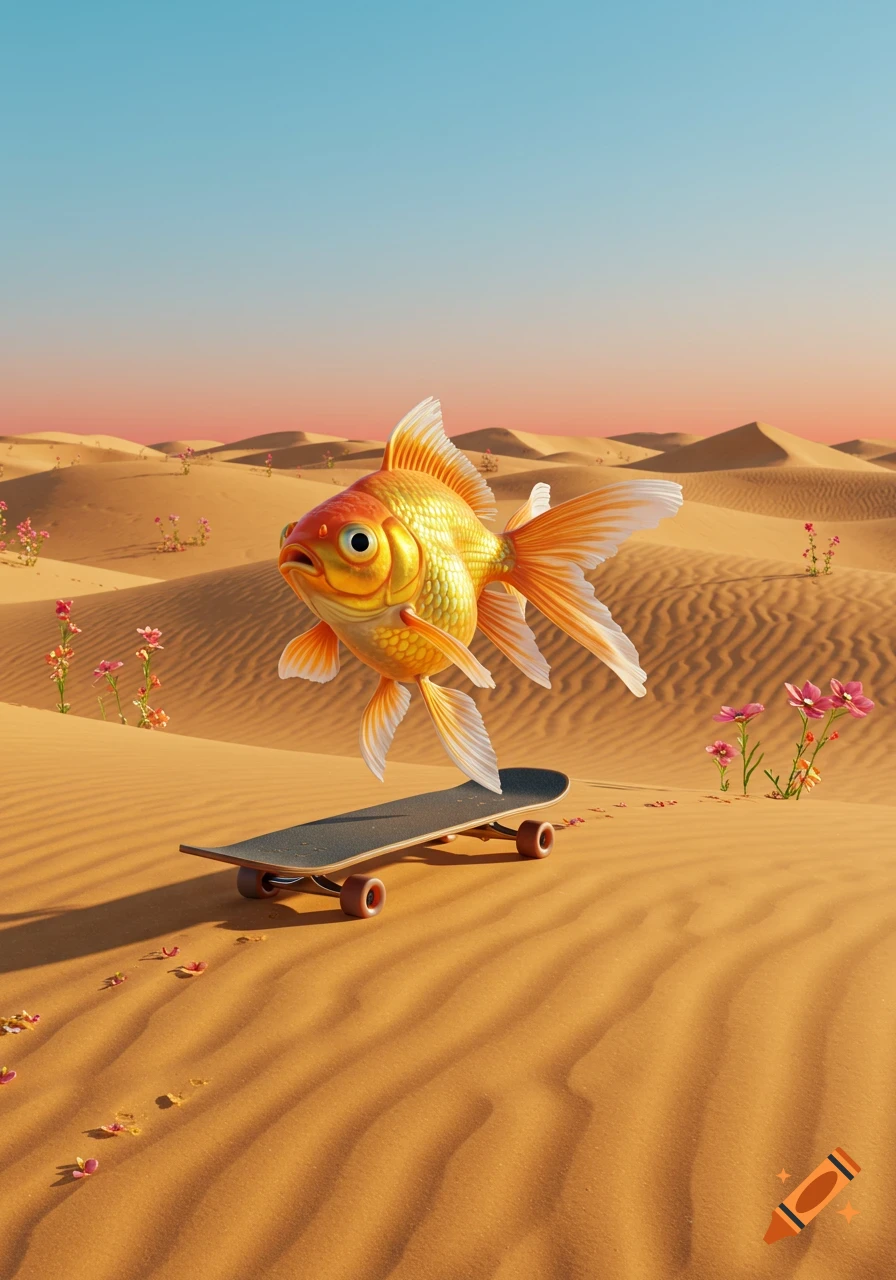 A large orange goldfish levitates above a skateboard in a vast sandy desert with sparse pink flowers under a gradient sky.