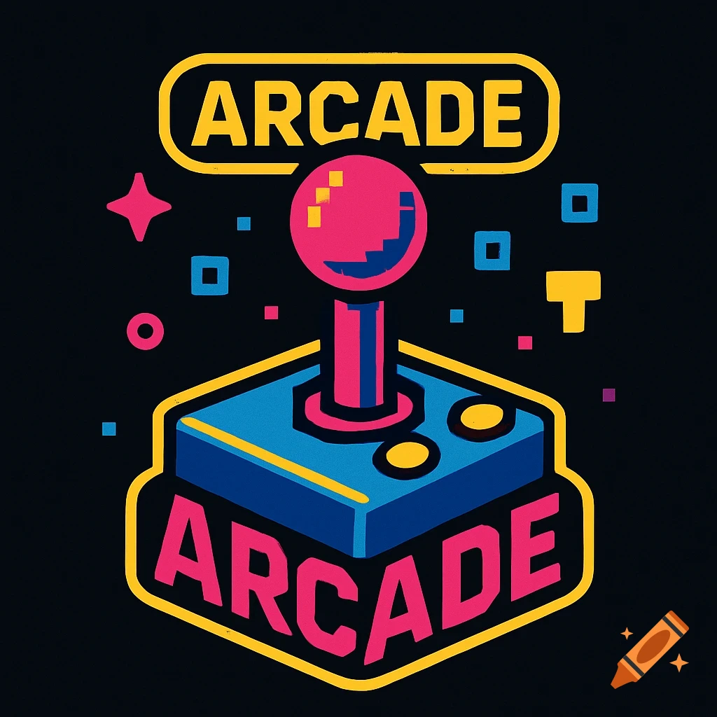 A colorful retro arcade logo featuring a pink and blue joystick with "ARCADE" text, outlined in yellow.