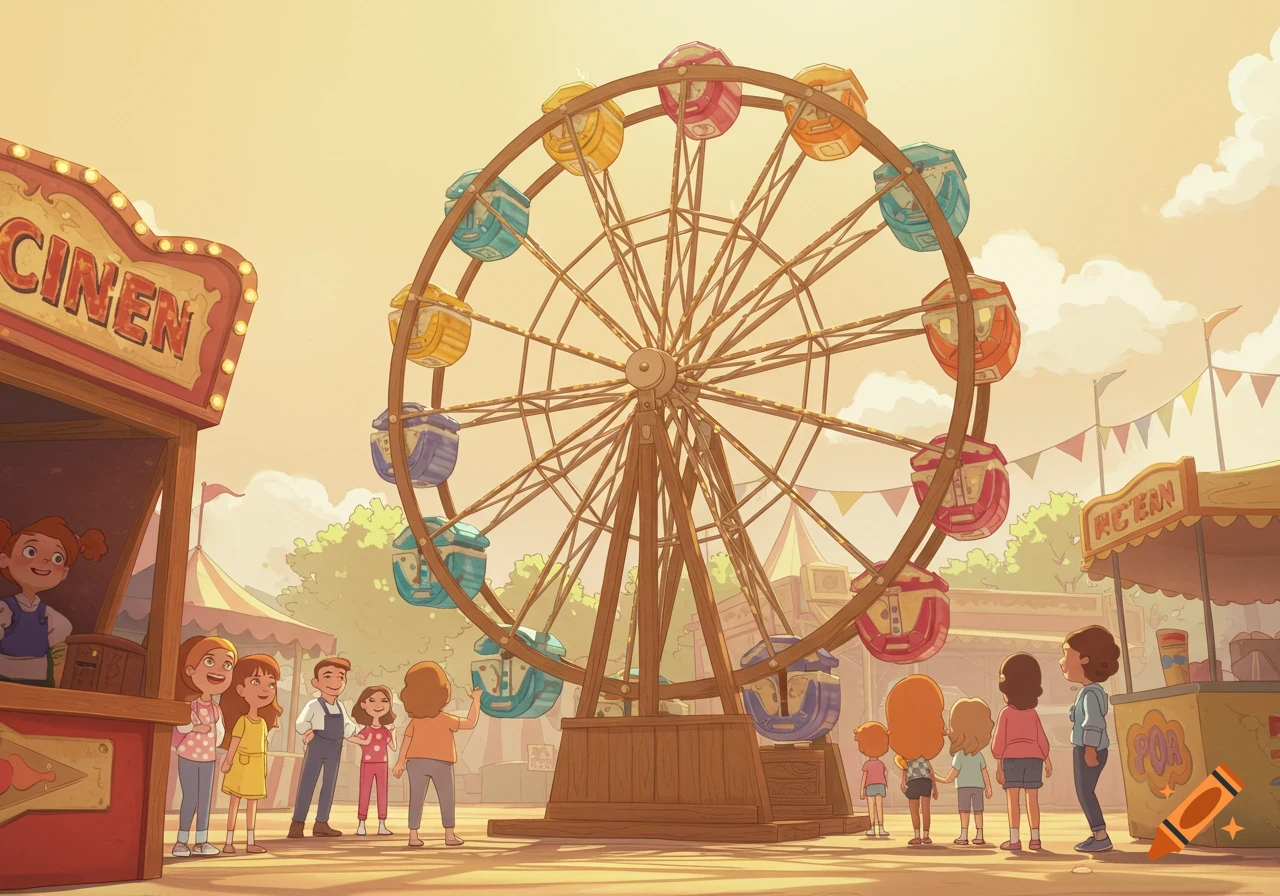 A cartoon illustration of a bustling carnival scene at sunset, with a large Ferris wheel in the center. People are gathered around various booths.