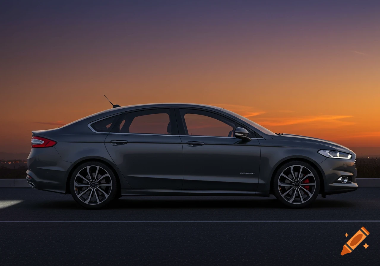 A dark gray Ford Mondeo MK5 sedan is parked on a road at sunset, viewed from the side. The sky shows orange and purple hues.