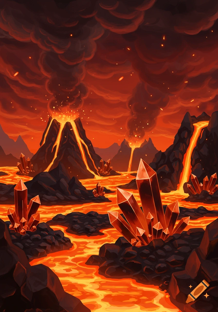A vibrant, stylized volcanic landscape with glowing orange lava rivers, erupting volcanoes, and dark, sharp crystals embedded in the rocky terrain.