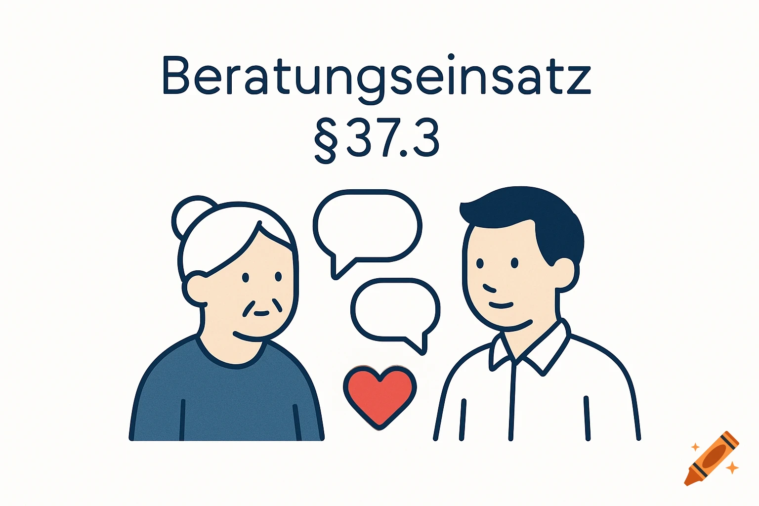 Stylized illustration of an older woman and a man talking, with speech bubbles and a heart. Text: Beratungseinsatz §37.3.