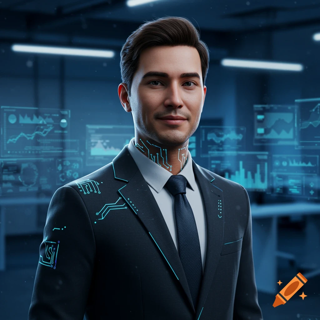 A confident man in a suit with glowing circuit patterns on his neck and suit, standing in a futuristic digital office.