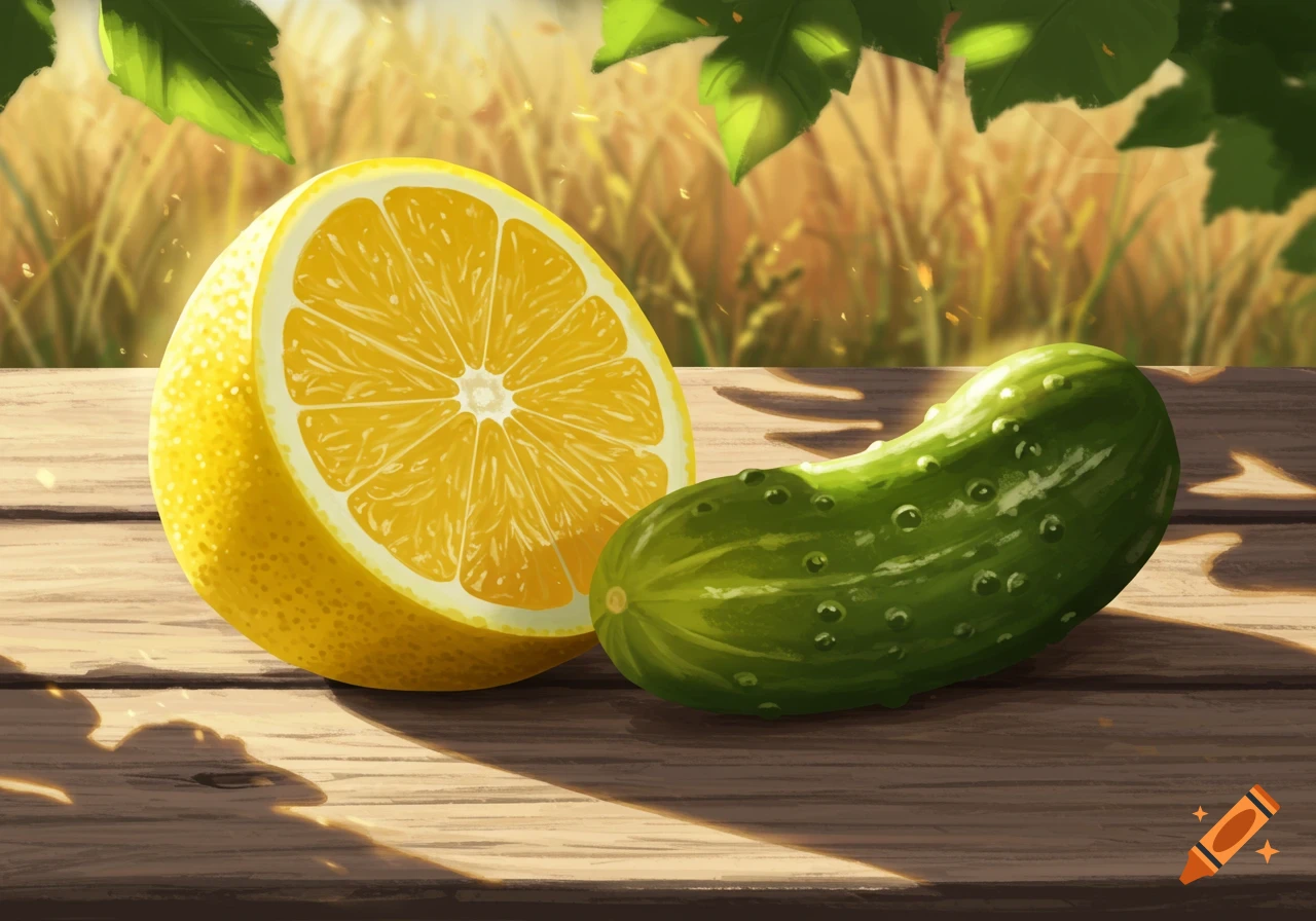 A sliced lemon and a whole pickle sit on a rustic wooden table with a blurred natural background.