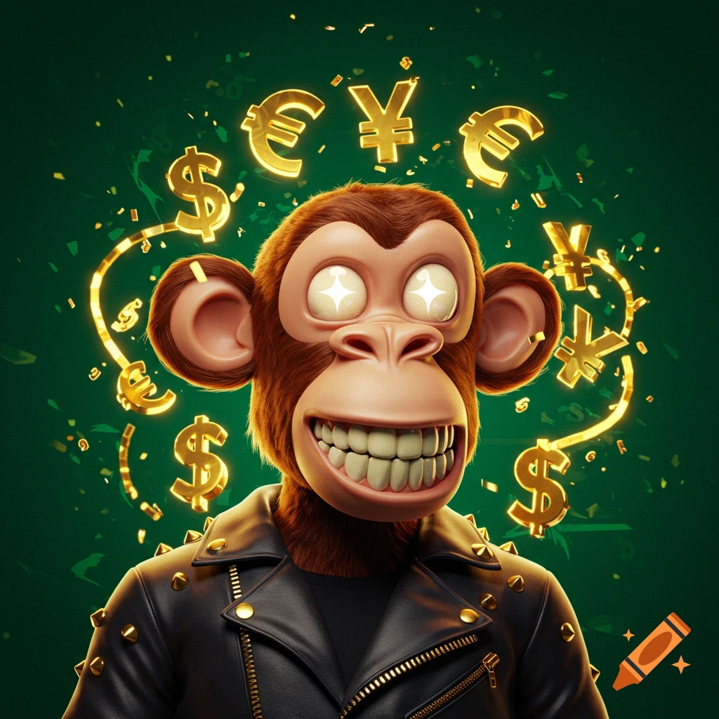 A stylized, grinning monkey in a black leather jacket with glowing eyes, surrounded by golden dollar, euro, and yen symbols on a green background.