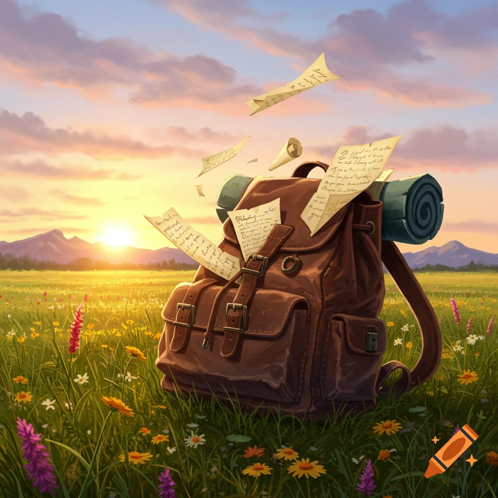 An illustrated brown leather backpack in a vibrant wildflower field at sunset, with papers flying out. Mountains in the distance.