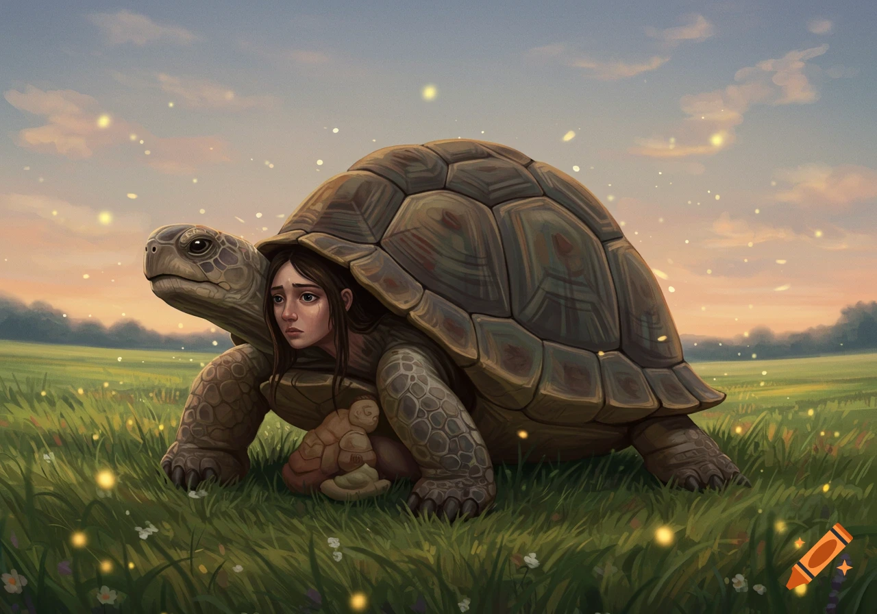 Digital painting of a sad woman's head emerging from a tortoise shell, holding a baby tortoise, in a grassy field with fireflies.