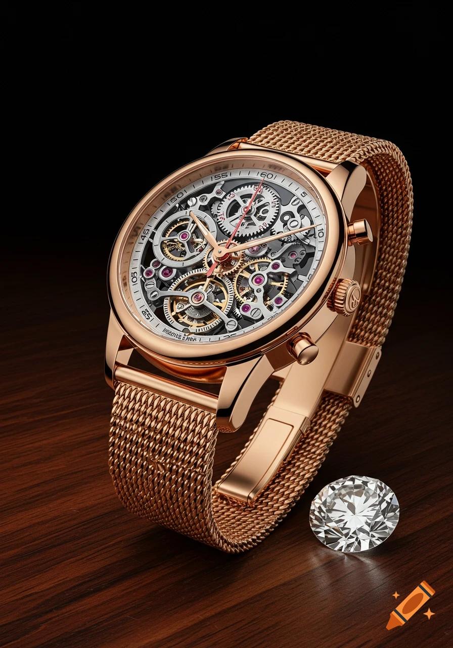 A photorealistic close-up of a rose gold skeleton watch with a mesh band next to a brilliant cut diamond on a dark wooden surface.
