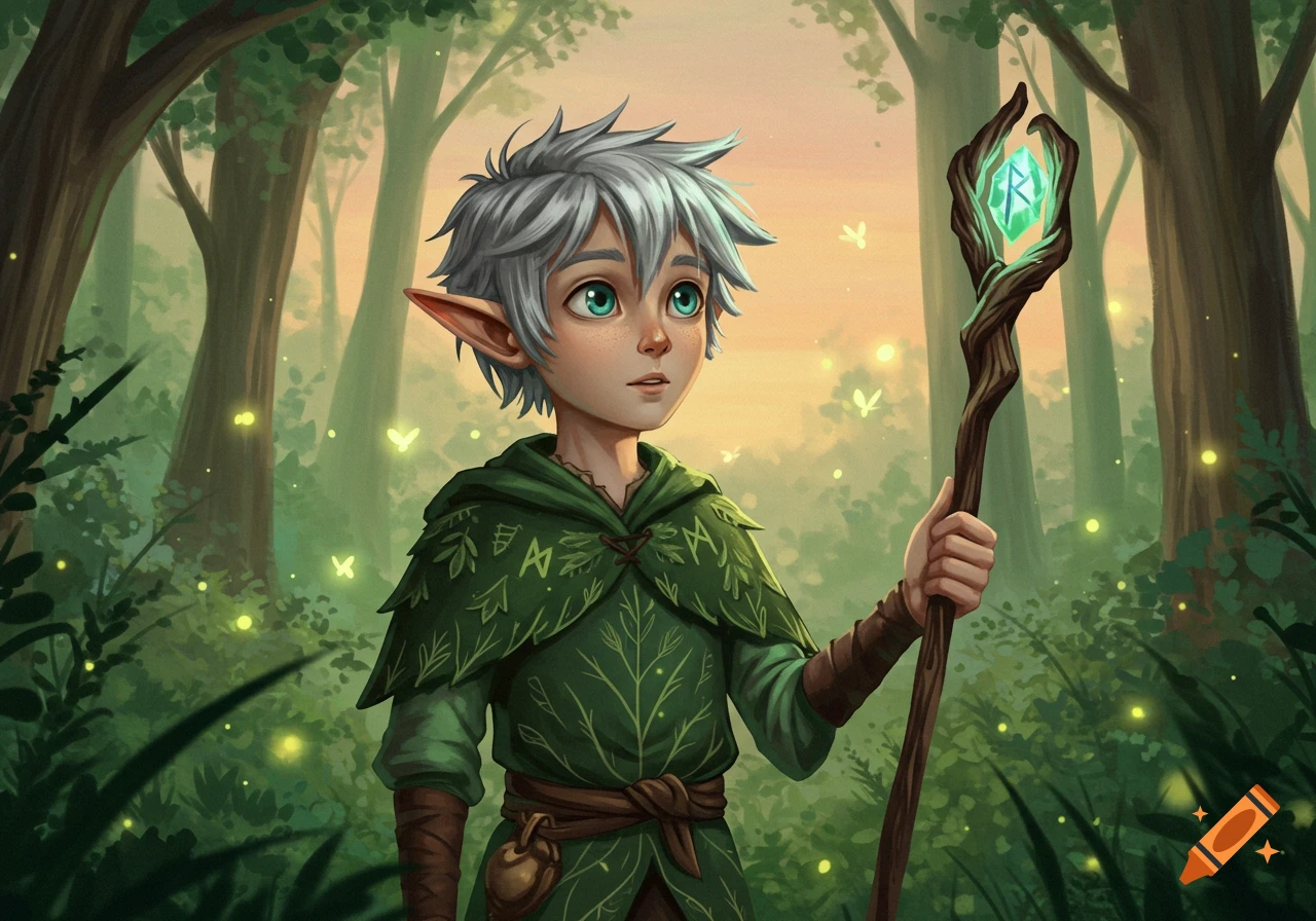 A young elf boy with white hair and green eyes holds a glowing staff, standing in a magical forest with fireflies, in an animation style.