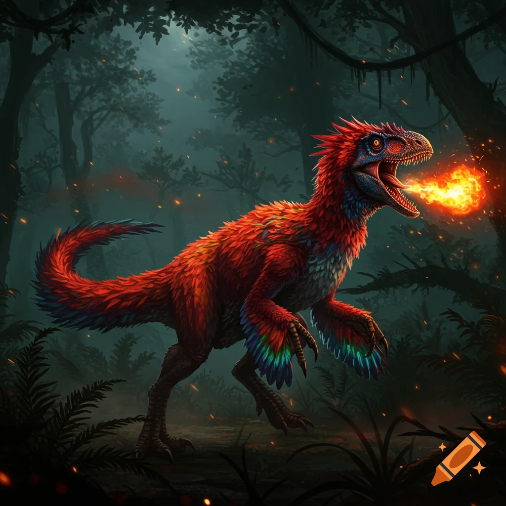 A vibrant red and blue feathered dinosaur with sharp claws breathes fire in a dark, misty jungle.