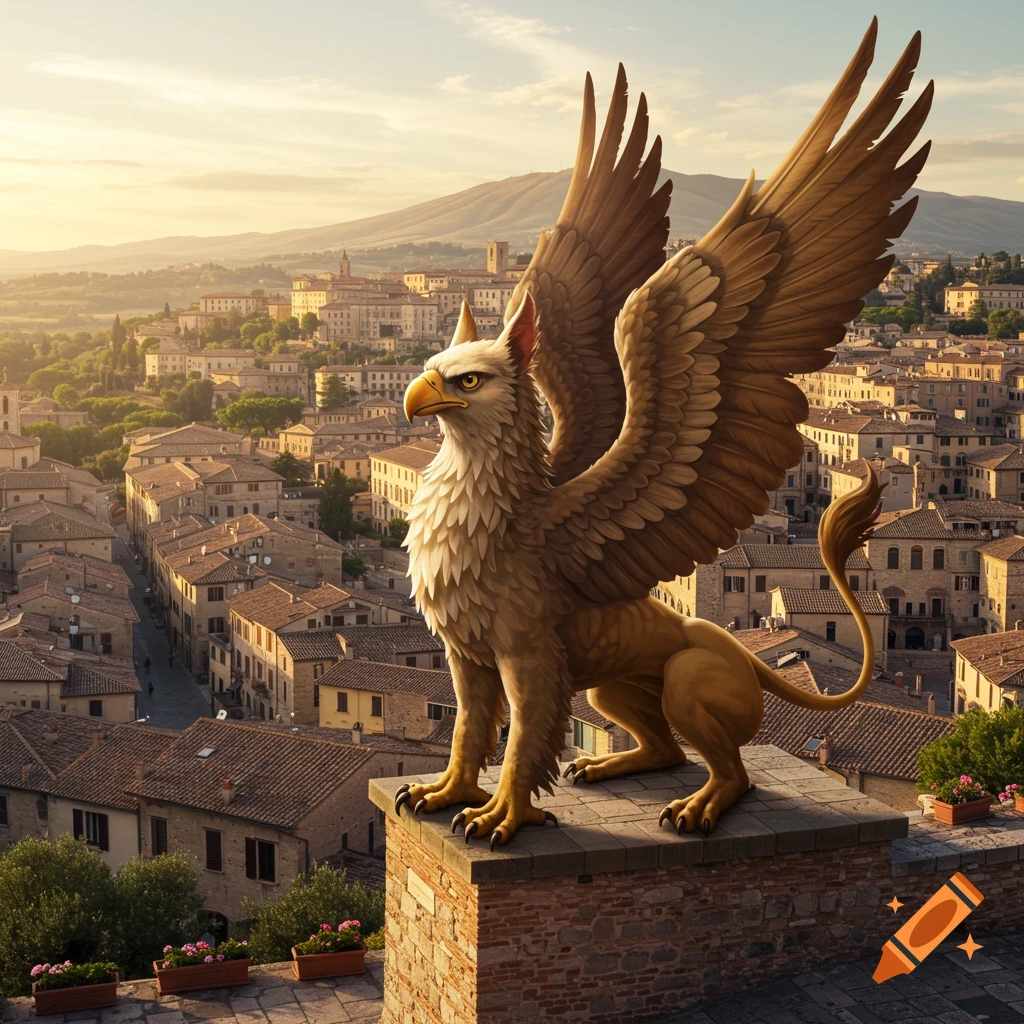 A majestic gryphon statue with outstretched wings overlooks an ancient European city with terracotta roofs at sunset.
