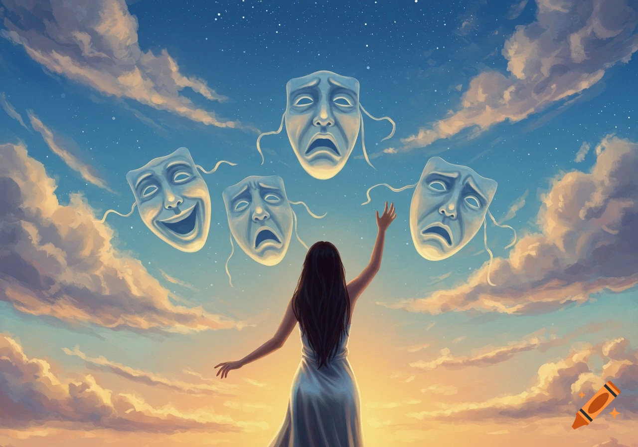 A woman reaches for five theatre masks (comedy and tragedy) floating in a cloudy, starry twilight sky, artistic style.