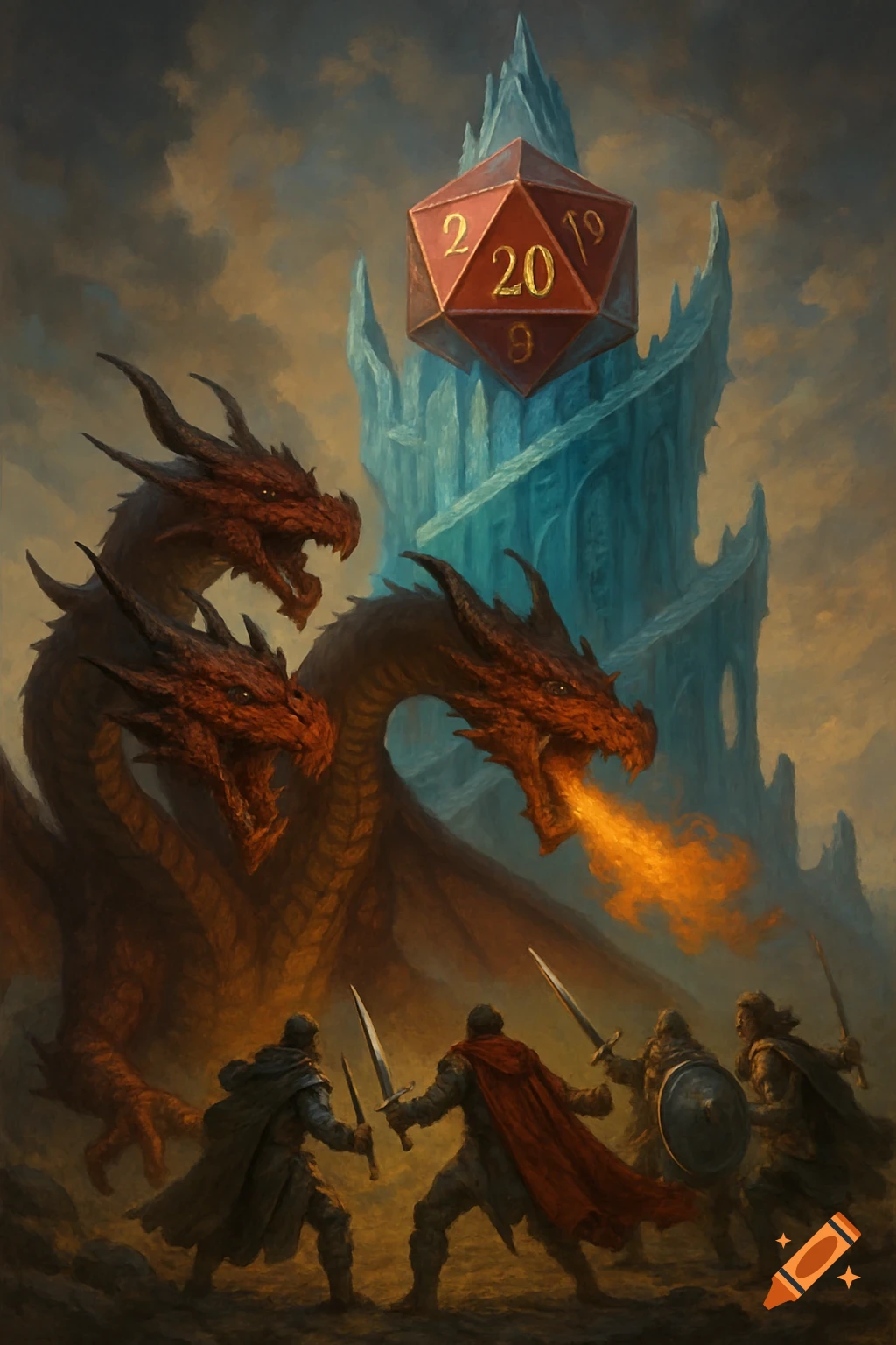 A three-headed dragon battles heroes in front of a blue spiraling tower with a giant red D20 hovering above.