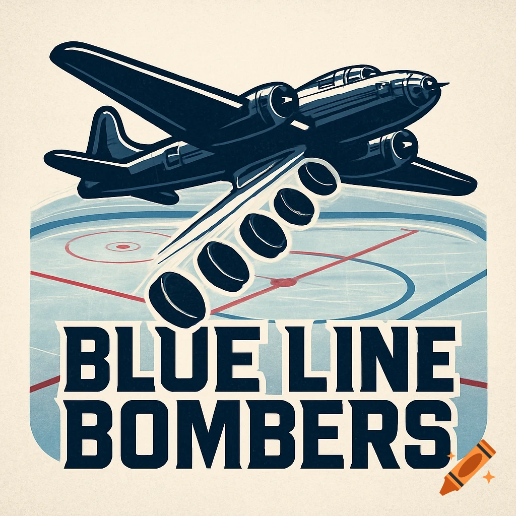 A retro-style logo featuring a dark blue bomber plane dropping hockey pucks onto a hockey rink, with text "BLUE LINE BOMBERS".