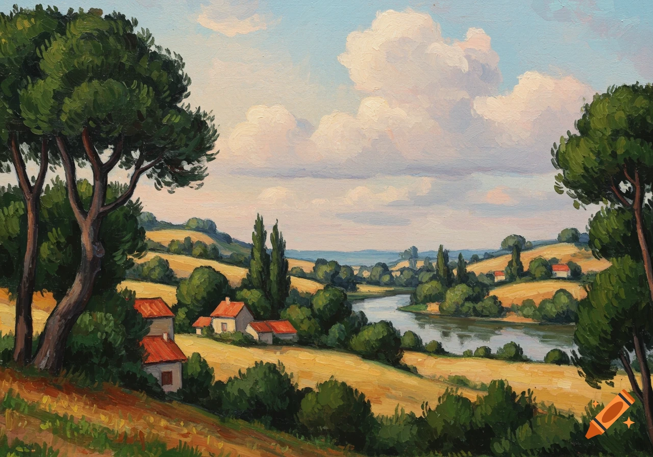 A vibrant painted landscape with golden rolling hills, a winding river, small houses, and tall green trees under a cloudy sky.