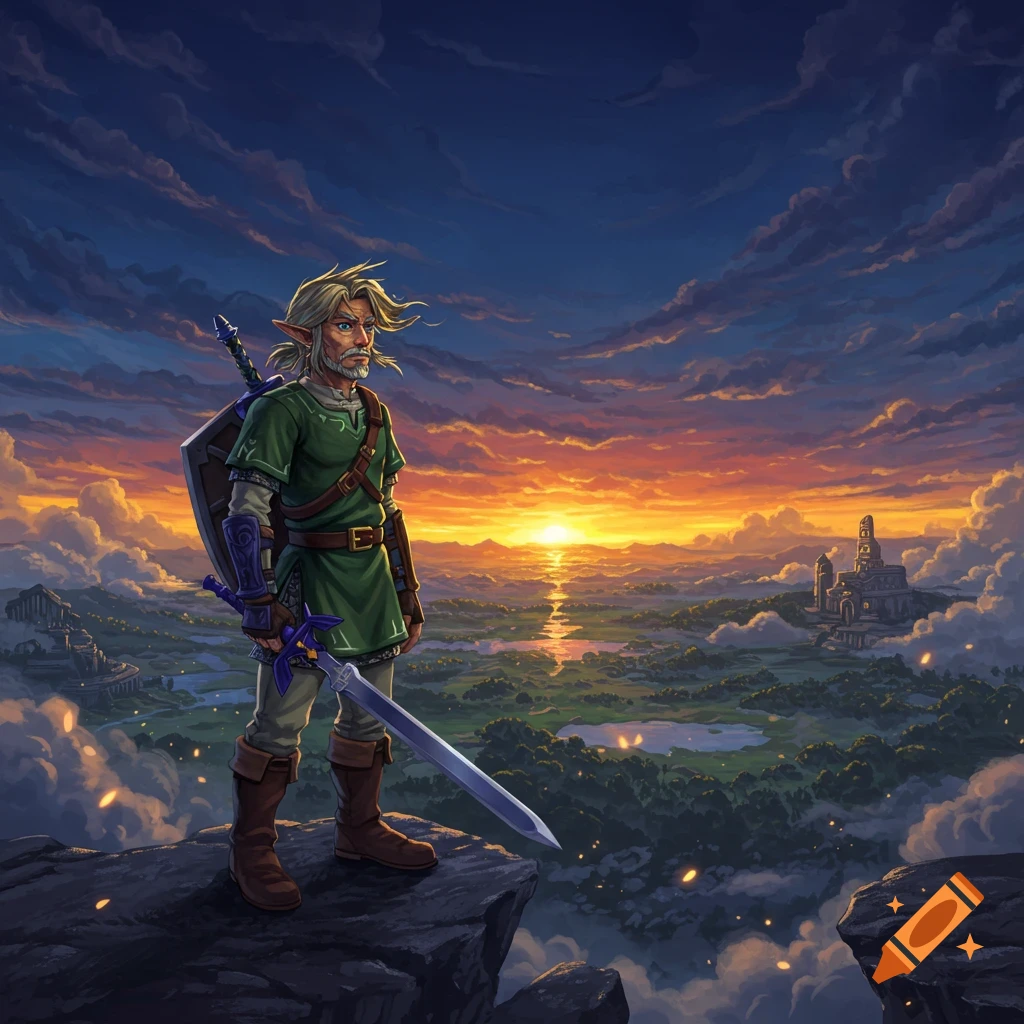 An older, bearded Link stands on a cliff, overlooking a vast fantasy landscape with a castle and sunset.