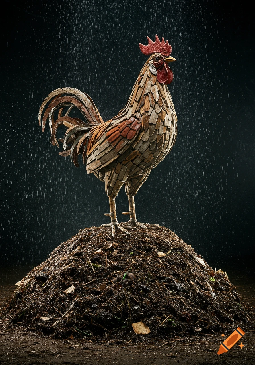 A detailed mixed-media sculpture of a rooster made of wood and metal, standing on a compost heap under falling rain.