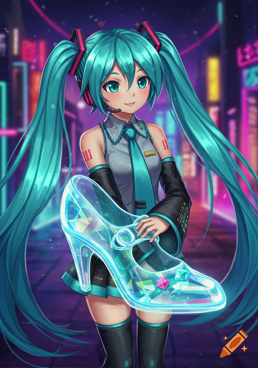 Hatsune Miku, an anime girl with long turquoise pigtails, holds a glowing crystal high heel shoe in a vibrant neon cityscape.