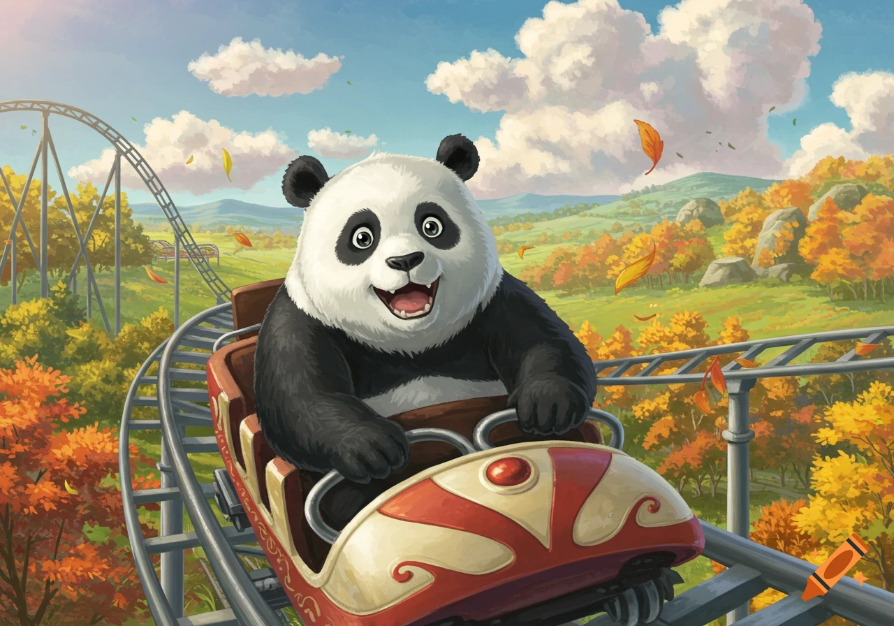 A cheerful panda rides a rollercoaster through a vibrant autumn landscape in Ghibli style.