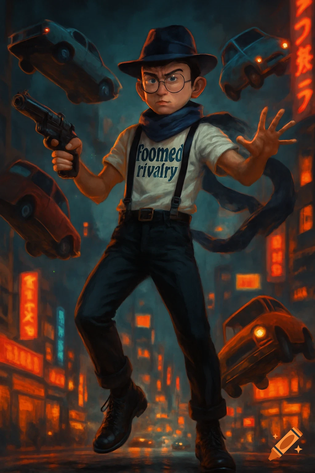 A stylized character, resembling Nobita, with a fedora, suspenders, and a scarf, holds a gun as cars float around him in a neon-lit city.
