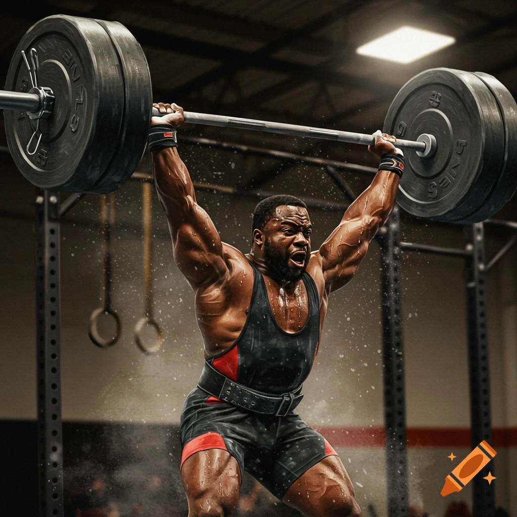 A muscular Black man in a black and red singlet lifts a heavy barbell overhead in a gym, sweat glistening on his body.