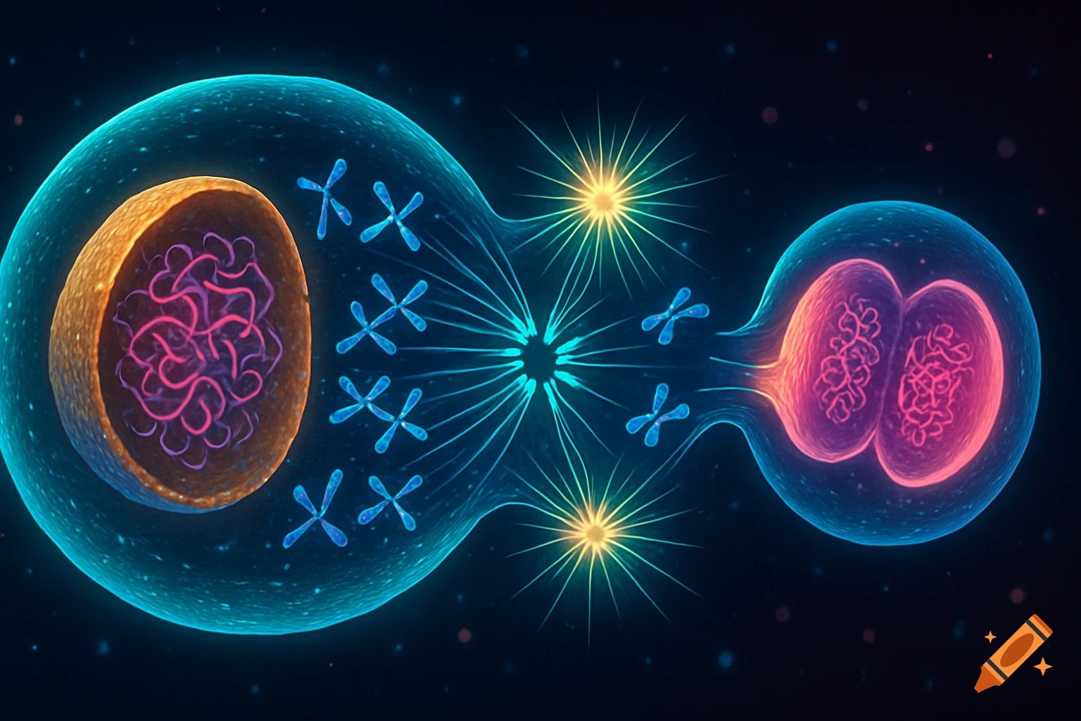 Vibrant scientific illustration of an animal cell undergoing mitosis, showing chromosomes, spindle fibers, and centrioles dividing into two cells.