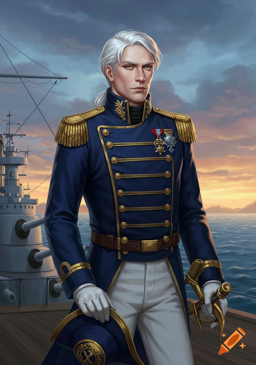 A portrait of a silver-haired admiral in a blue and gold uniform on a ship deck at sunset.