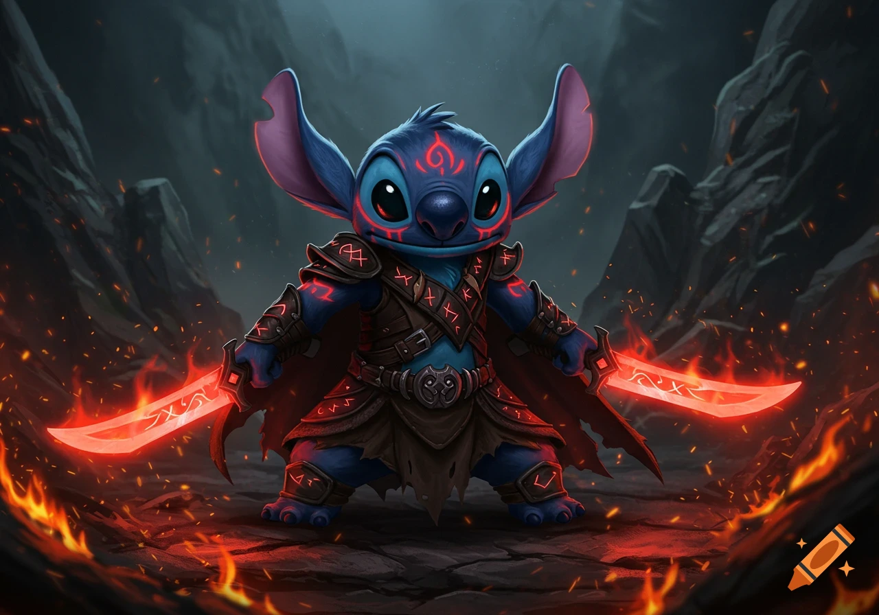 Stitch, a blue alien warrior with glowing red tribal markings and dark armor, holds twin fiery swords in a dark, fiery fantasy landscape.
