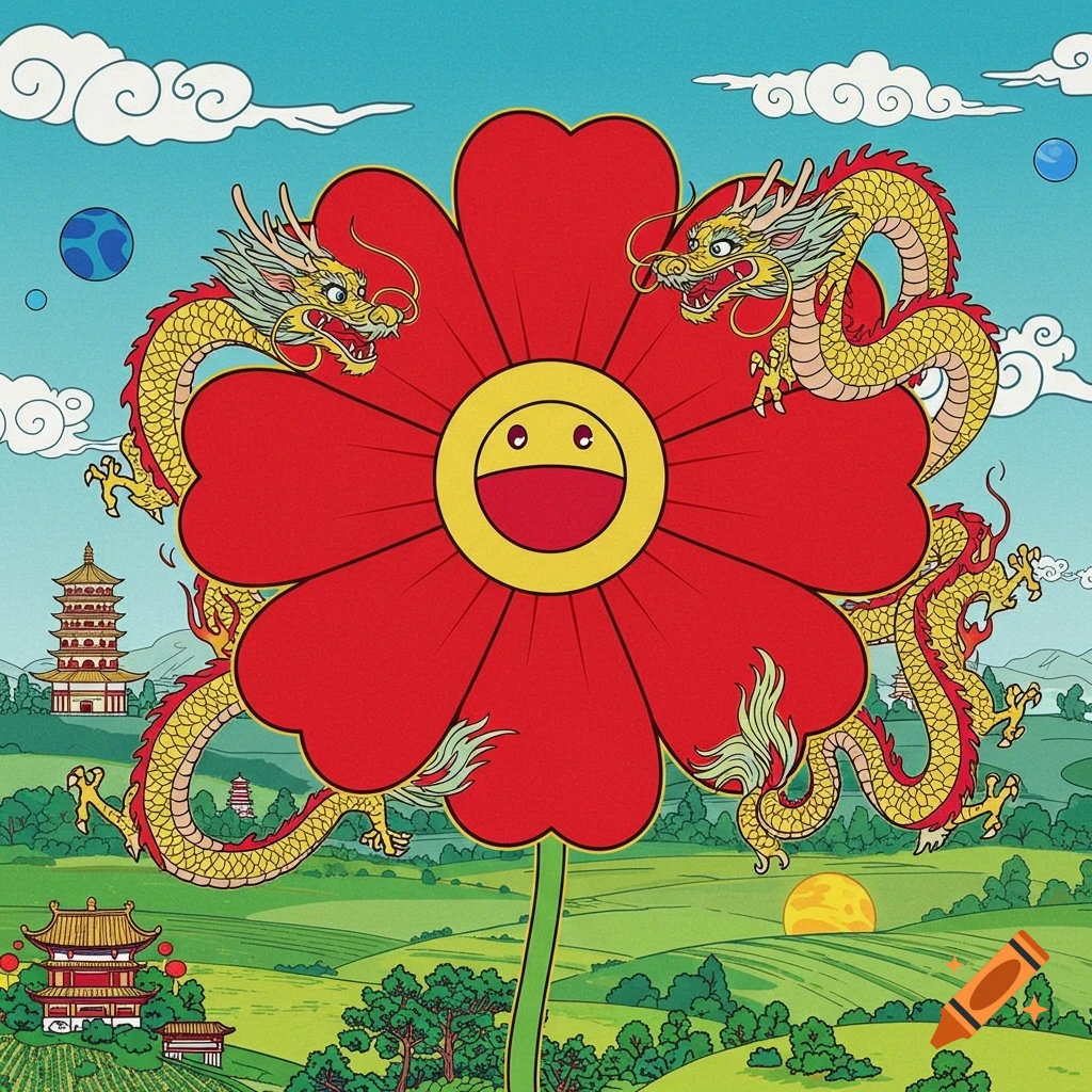 Vibrant Murakami-style pop art featuring a smiling red flower surrounded by golden dragons, with Chinese pagodas and green hills under a blue sky.