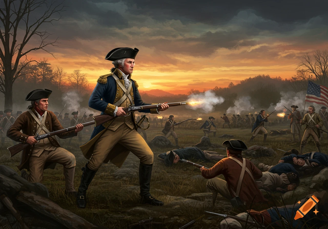 A detailed illustration of George Washington leading patriots in a battle, firing muskets at sunset.