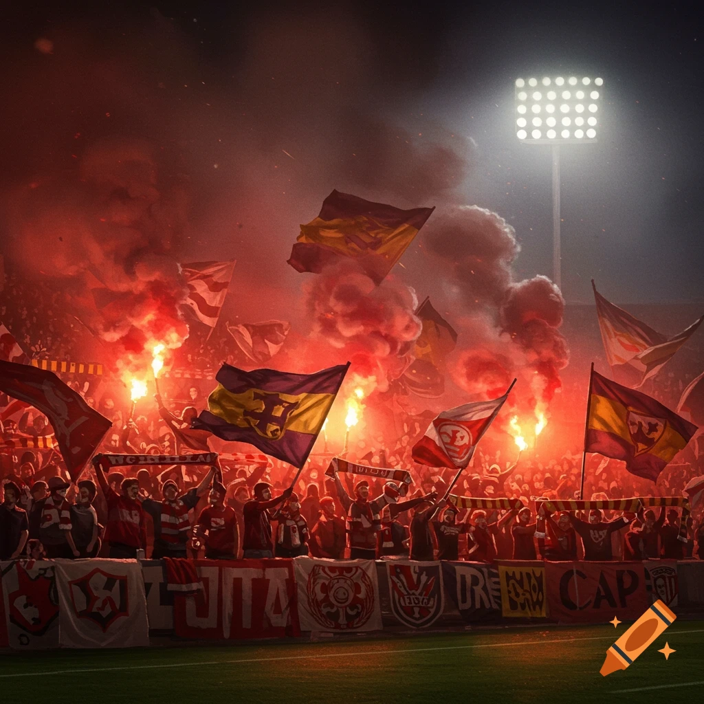 A large crowd of soccer fans, known as ultras, at a night stadium, holding flags and red flares emitting thick smoke.