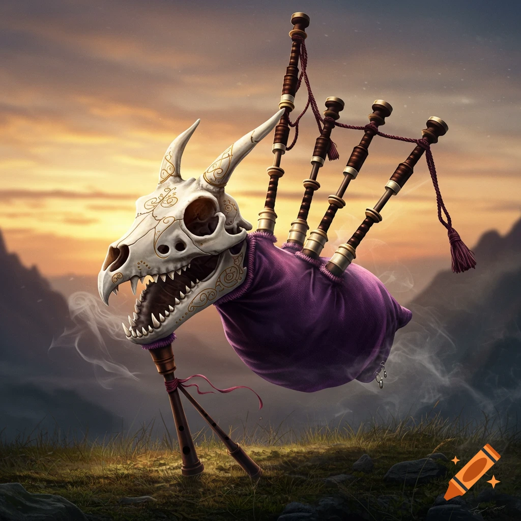 A fantasy bagpipe with a dragon skull head and a purple bag, on a grassy hill with mountains under a sunset sky.