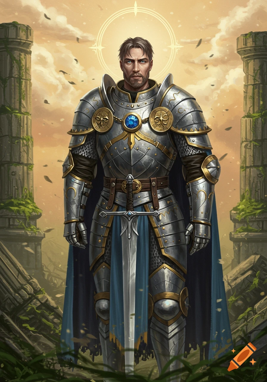 A knight in gleaming silver and gold plate armor with a sword stands in ancient ruins under a radiant sky. Fantasy art.