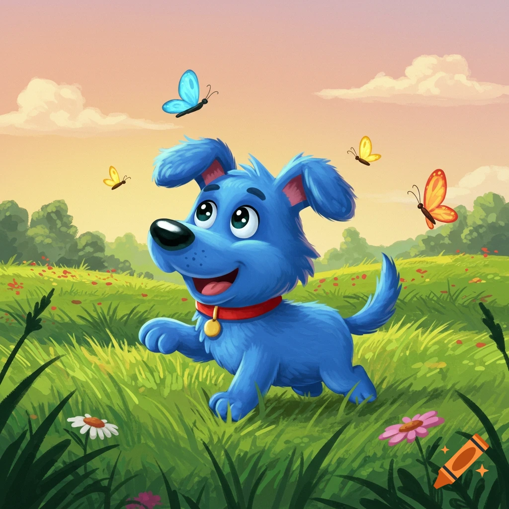 A vibrant blue animated dog with a red collar happily runs through a green field with colorful butterflies flying around.