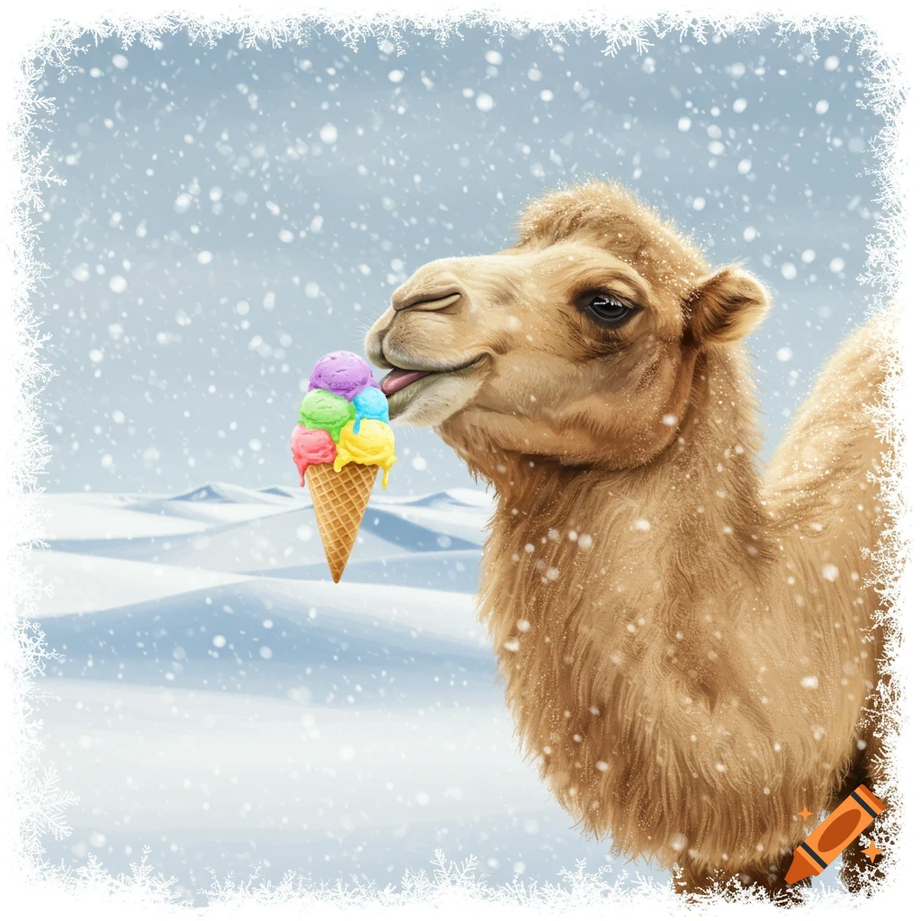 A happy camel licks a rainbow ice cream cone as snow falls in a winter desert landscape, illustrated.