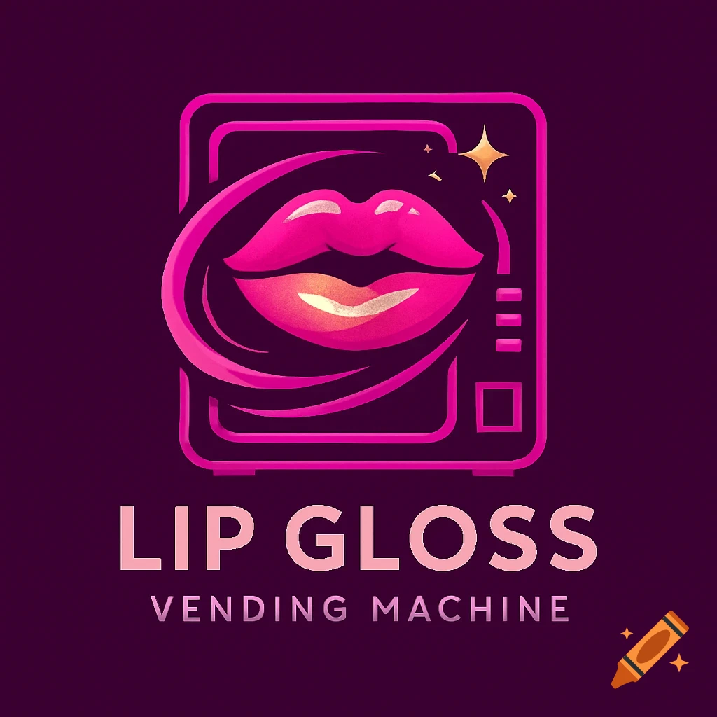 Stylized logo featuring bright pink lips within a neon pink outline of a vending machine, with text 'LIP GLOSS VENDING MACHINE'.
